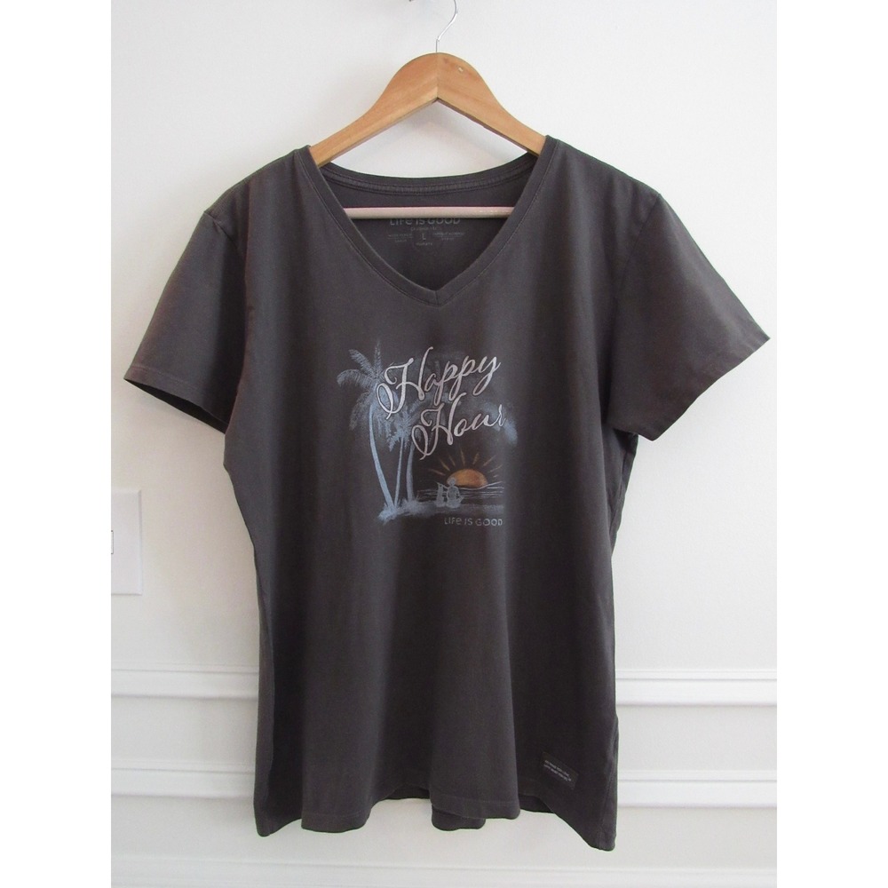 Life is Good Womens Crusher Tee V-Neck Happy Hour Beach Sunset Gray Large